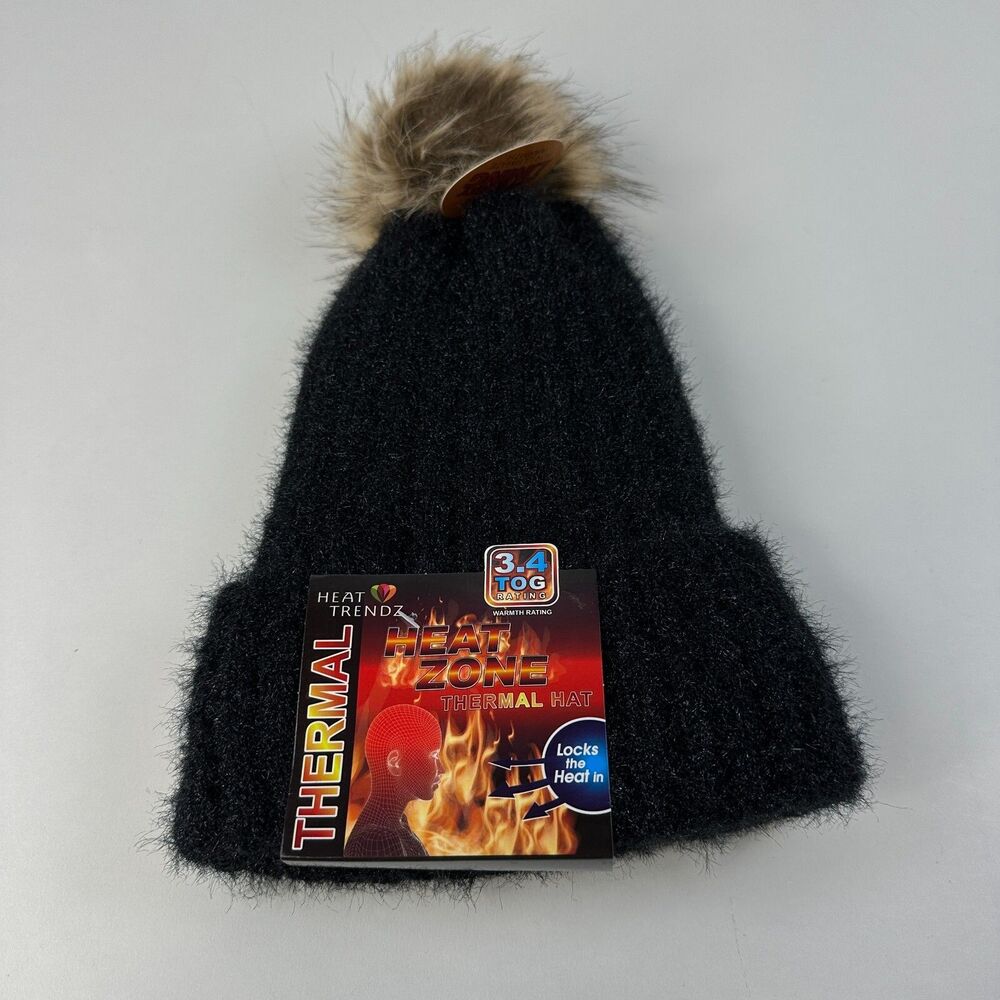 Heat Trendz Thermal Hat Heat Zone Locks The Heat In Black One Size Unisex Pompom